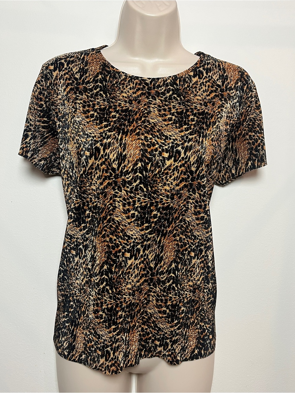 Vintage Animal Print Pleated Top Large Short Sleeve Glam Stretch Whimsigoth
